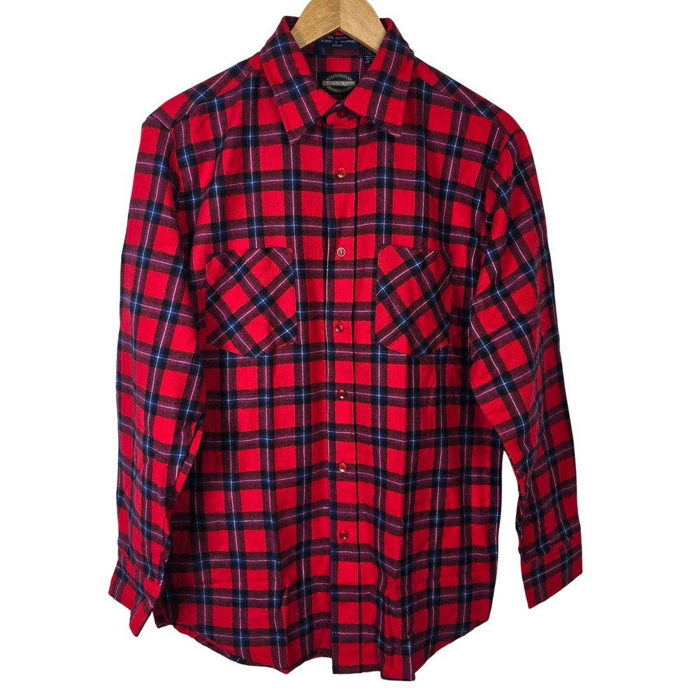 Towncraft Mens Red Plaid Flannel Long Sleeve Button Up Shirt Medium 100% Cotton‎